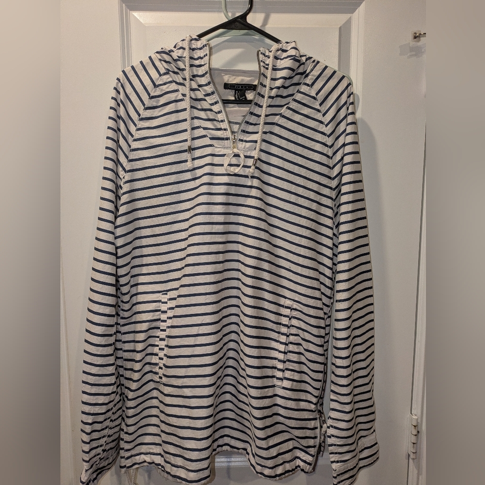 21Men Navy White Striped Hooded Pullover Lightweight Hoodie Size L